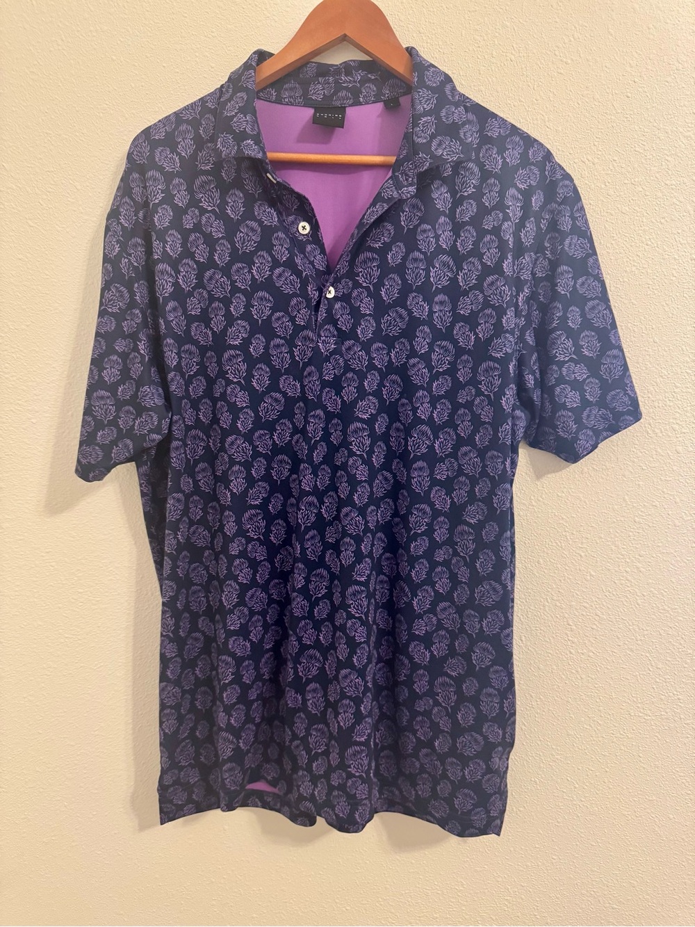 Dunning Golf Men’s Purple Thistle Print Performance Polo Size L